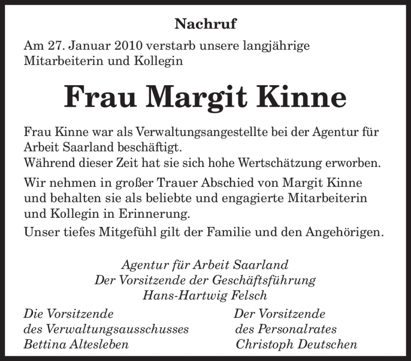  Traueranzeige für Margit Kinne vom 10.02.2010 aus SAARBRÜCKER ZEITUNG