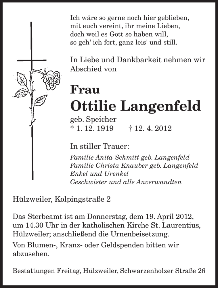  Traueranzeige für Ottilie Langenfeld vom 14.04.2012 aus SAARBRÜCKER ZEITUNG