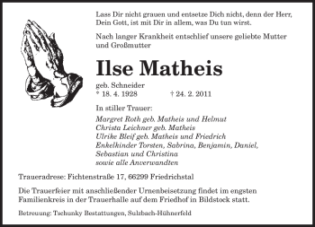 Traueranzeige von Ilse Matheis von SAARBRÜCKER ZEITUNG