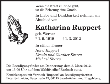 Traueranzeige von Katharina Ruppert von SAARBRÜCKER ZEITUNG