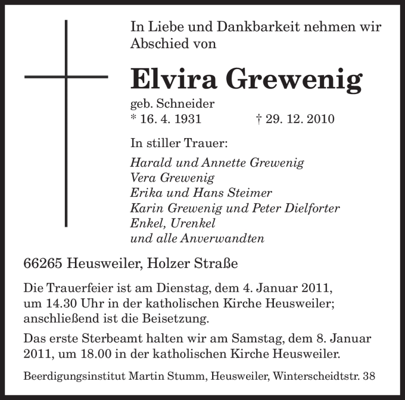  Traueranzeige für Elvira Grewenig vom 31.12.2010 aus SAARBRÜCKER ZEITUNG