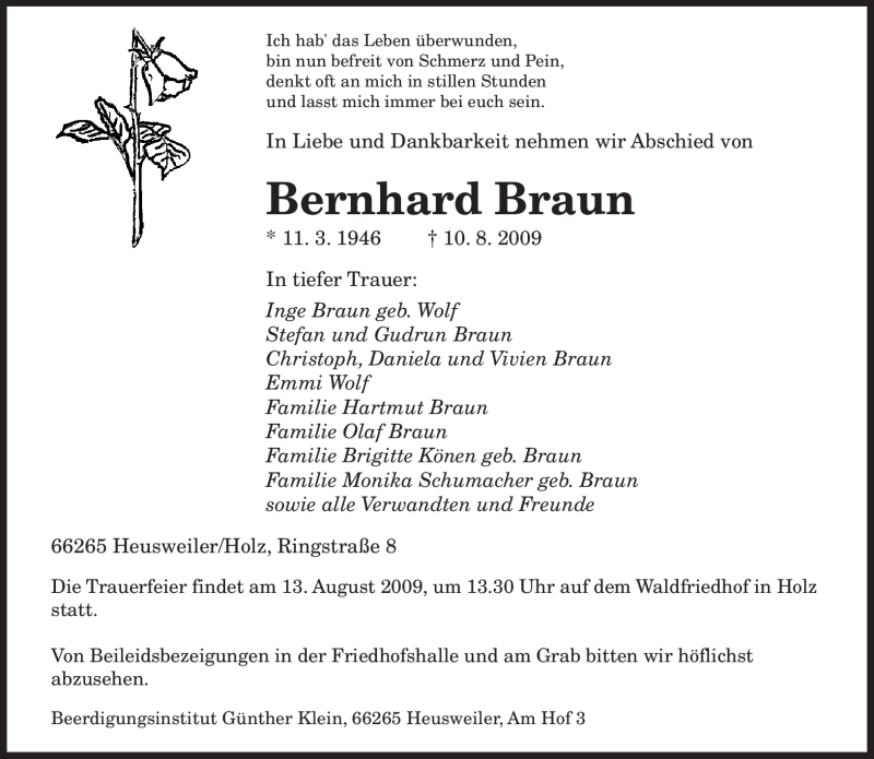  Traueranzeige für Bernhard Braun vom 12.08.2009 aus SAARBRÜCKER ZEITUNG