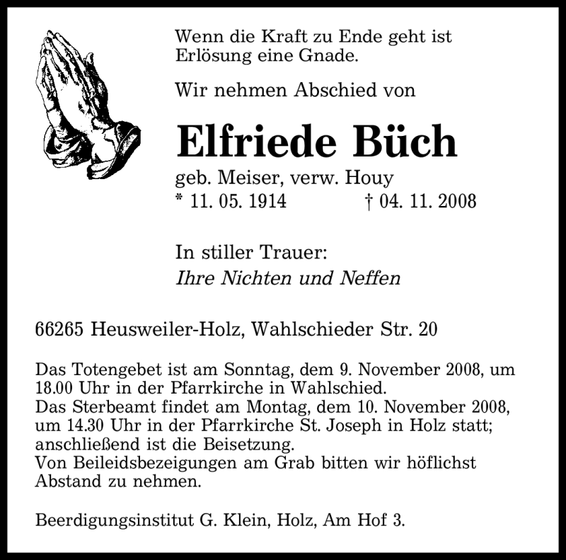  Traueranzeige für Elfriede Büch vom 07.11.2008 aus SAARBRÜCKER ZEITUNG