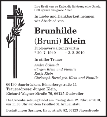 Traueranzeige von Brunhilde Klein von SAARBRÜCKER ZEITUNG