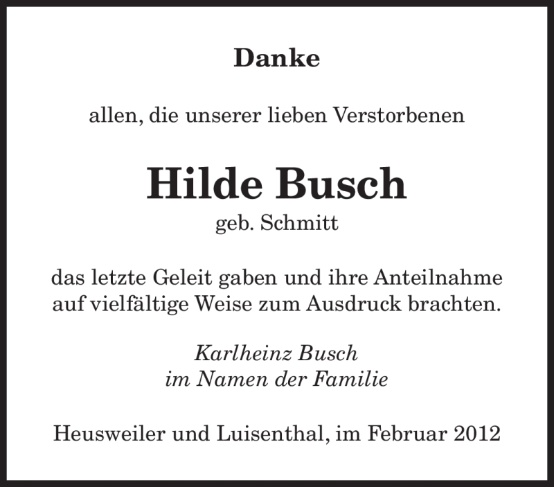  Traueranzeige für Hilde Busch vom 10.02.2012 aus SAARBRÜCKER ZEITUNG