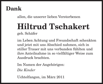 Traueranzeige von Hiltrud Tschakert von SAARBRÜCKER ZEITUNG