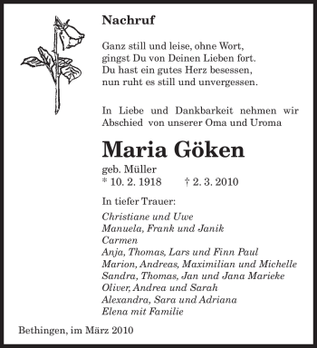 Traueranzeige von Maria Göken von SAARBRÜCKER ZEITUNG