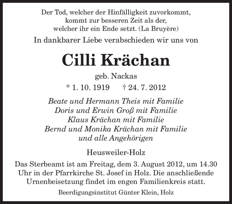  Traueranzeige für Cilli Krächan vom 01.08.2012 aus SAARBRÜCKER ZEITUNG