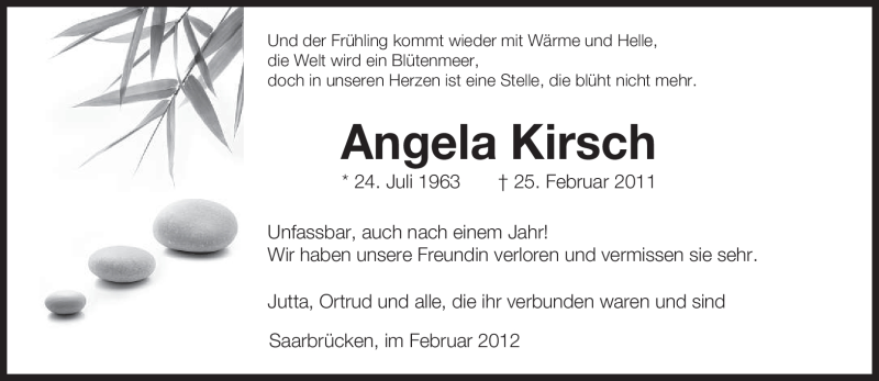 Traueranzeige für Angela Kirsch vom 25.02.2012 aus SAARBRÜCKER ZEITUNG