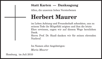 Traueranzeige von Herbert Maurer von SAARBRÜCKER ZEITUNG