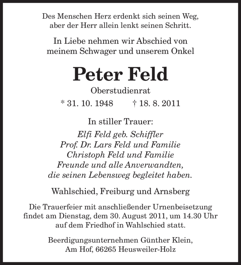  Traueranzeige für Peter Feld vom 27.08.2011 aus SAARBRÜCKER ZEITUNG