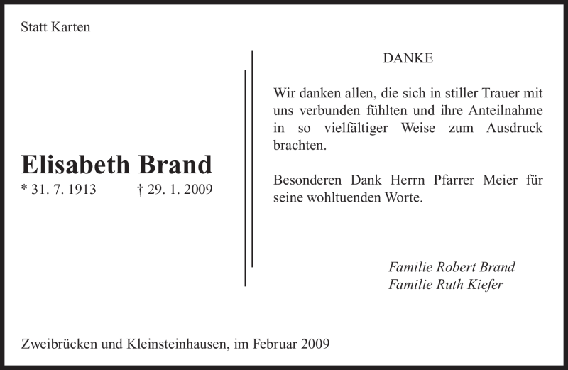  Traueranzeige für Elisabeth Brand vom 23.02.2009 aus SAARBRÜCKER ZEITUNG