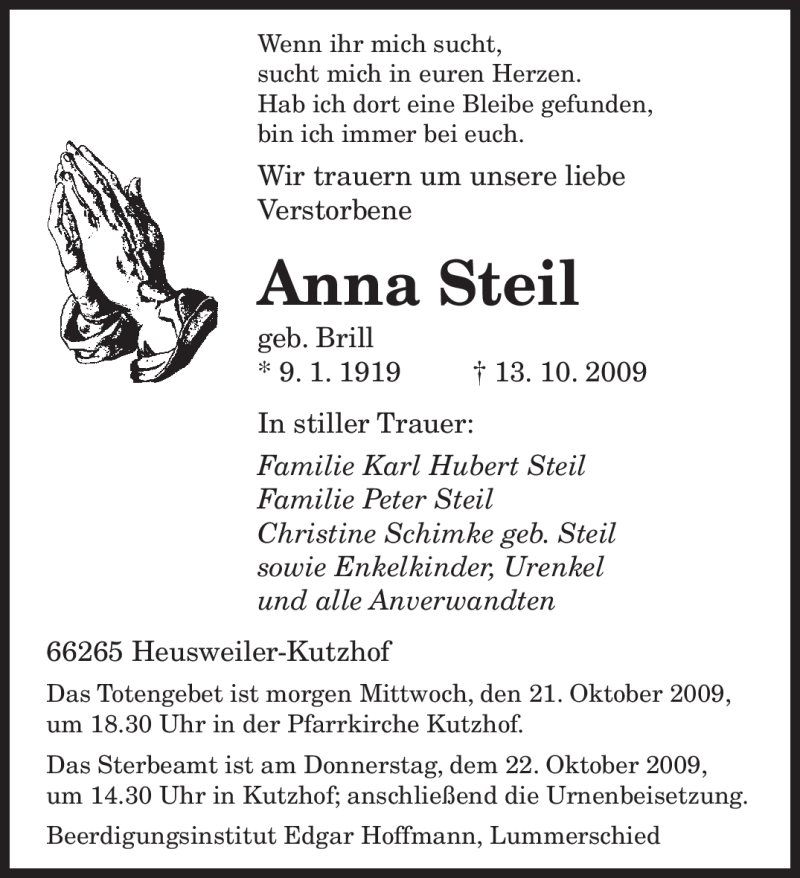  Traueranzeige für Anna Steil vom 20.10.2009 aus SAARBRÜCKER ZEITUNG