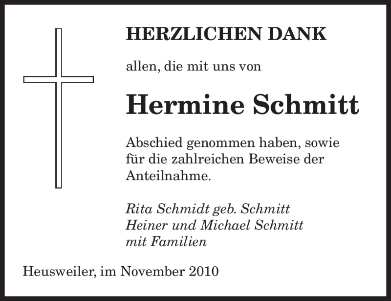  Traueranzeige für Hermine Schmitt vom 29.11.2010 aus SAARBRÜCKER ZEITUNG
