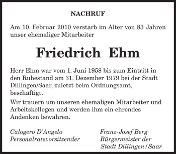 Traueranzeige von Friedrich Ehm von SAARBRÜCKER ZEITUNG