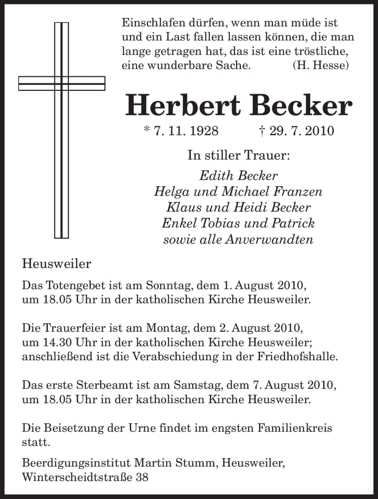  Traueranzeige für Herbert Becker vom 31.07.2010 aus SAARBRÜCKER ZEITUNG