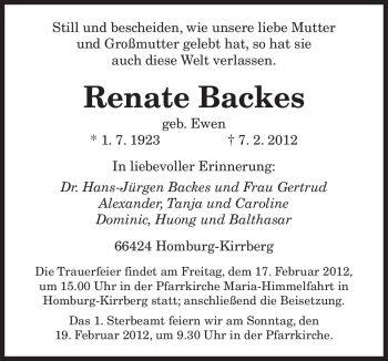 Traueranzeige von Renate Backes von SAARBRÜCKER ZEITUNG