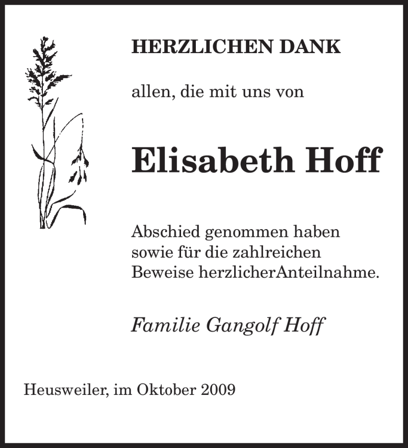  Traueranzeige für Elisabeth Hoff vom 24.10.2009 aus SAARBRÜCKER ZEITUNG