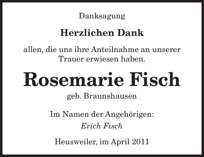  Traueranzeige für Rosemarie Fisch vom 15.04.2011 aus SAARBRÜCKER ZEITUNG
