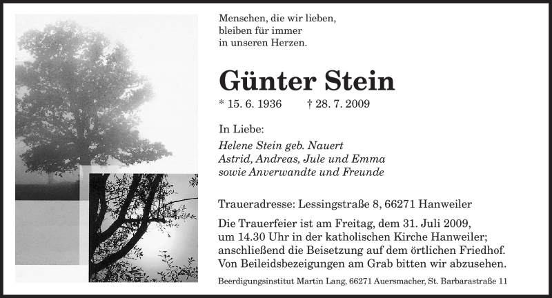  Traueranzeige für Günter Stein vom 29.07.2009 aus SAARBRÜCKER ZEITUNG