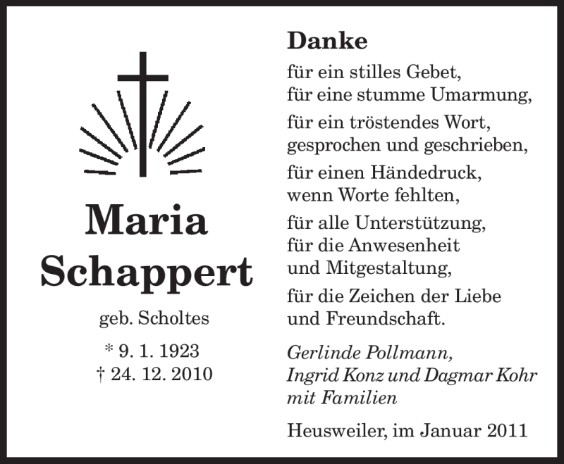  Traueranzeige für Maria Schappert vom 22.01.2011 aus SAARBRÜCKER ZEITUNG