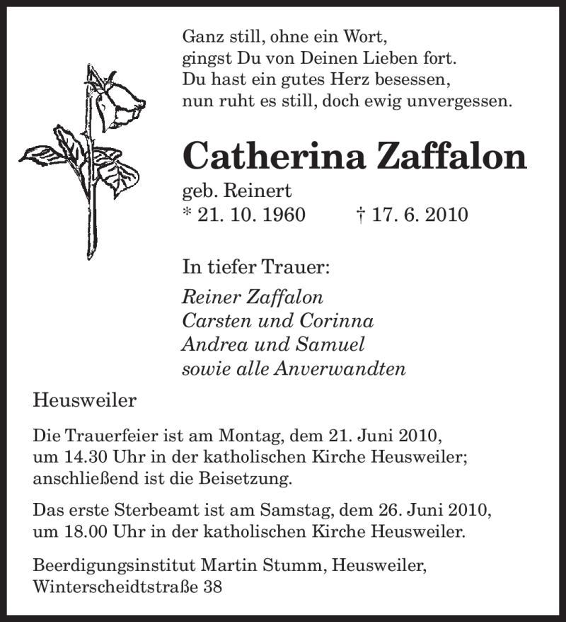  Traueranzeige für Catherina Zaffalon vom 19.06.2010 aus SAARBRÜCKER ZEITUNG