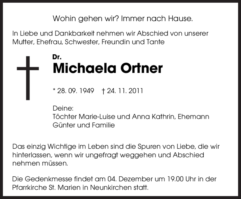  Traueranzeige für Michaela Ortner vom 26.11.2011 aus SAARBRÜCKER ZEITUNG
