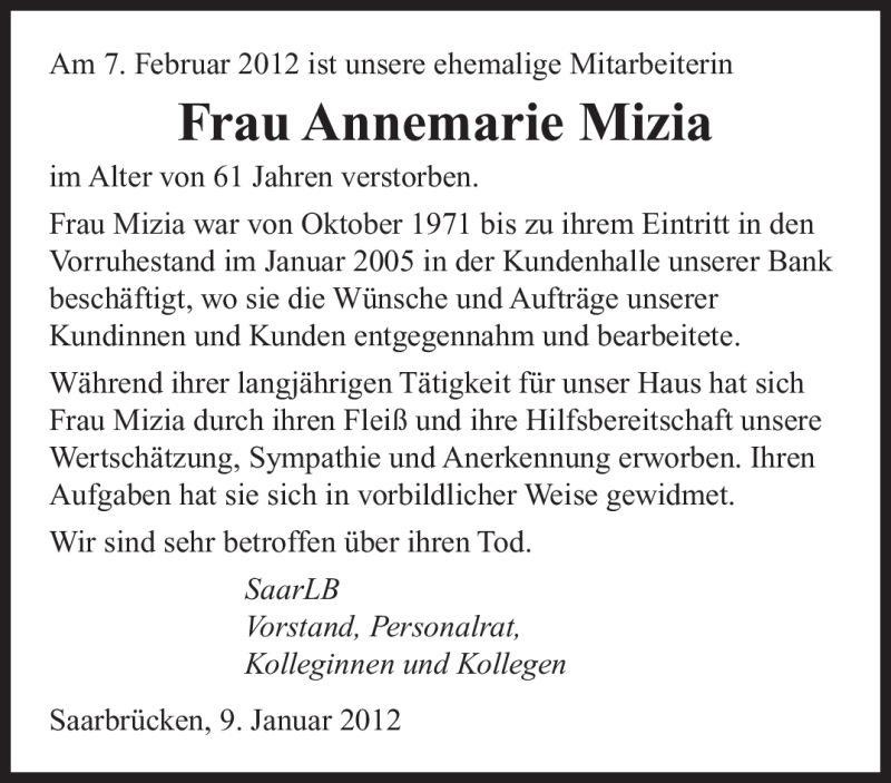  Traueranzeige für Annemarie Mizia vom 10.02.2012 aus SAARBRÜCKER ZEITUNG