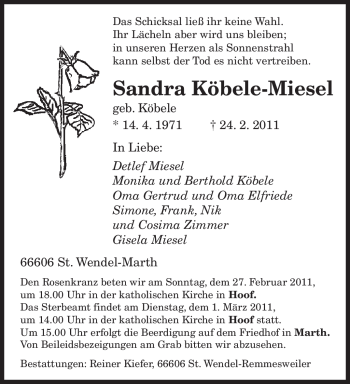 Traueranzeige von Sandra Köbele-Miesel von SAARBRÜCKER ZEITUNG