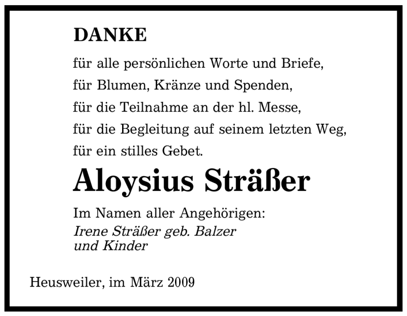  Traueranzeige für Aloysius Sträßer vom 14.03.2009 aus SAARBRÜCKER ZEITUNG