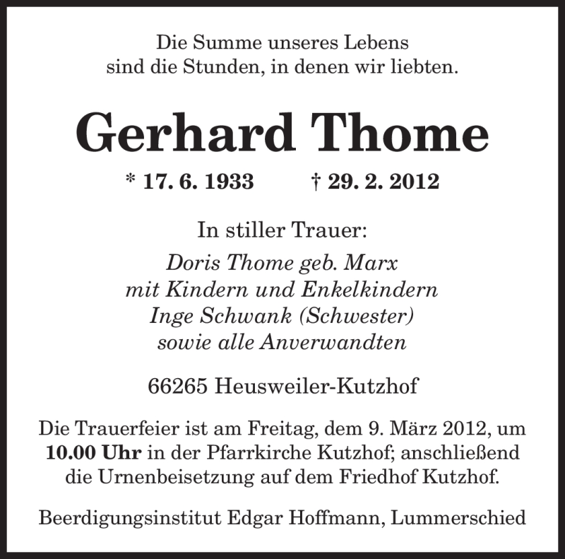  Traueranzeige für Gerhard Thome vom 07.03.2012 aus SAARBRÜCKER ZEITUNG