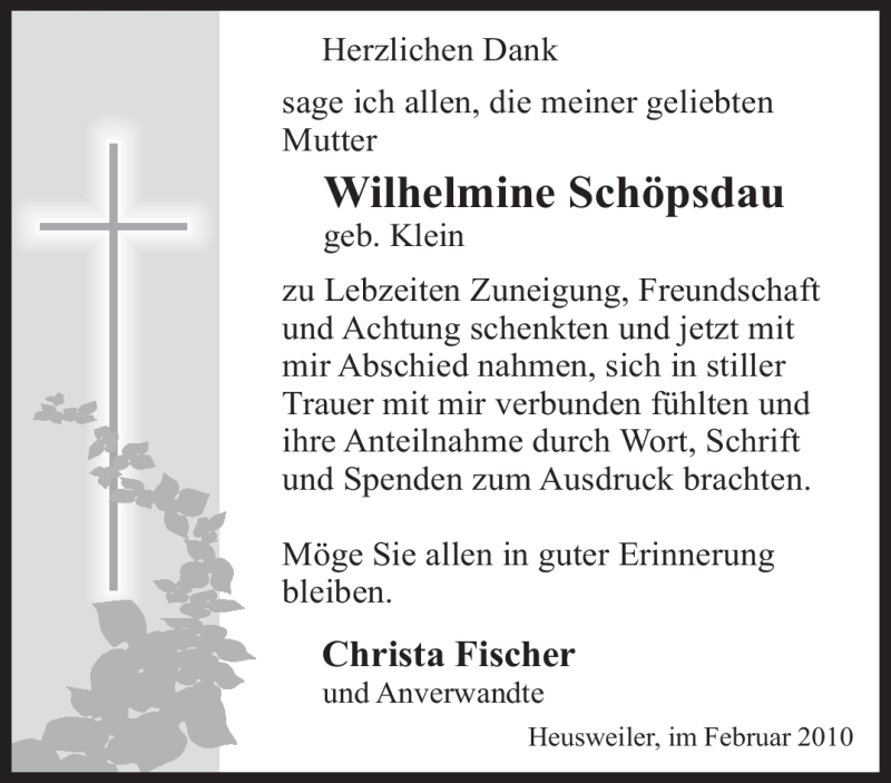  Traueranzeige für Wilhelmine Schöpsdau vom 20.02.2010 aus SAARBRÜCKER ZEITUNG