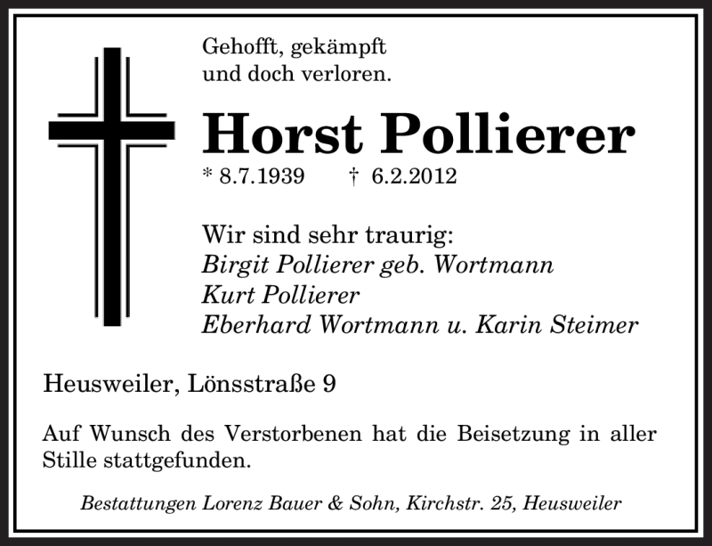  Traueranzeige für Horst Pollierer vom 11.02.2012 aus SAARBRÜCKER ZEITUNG