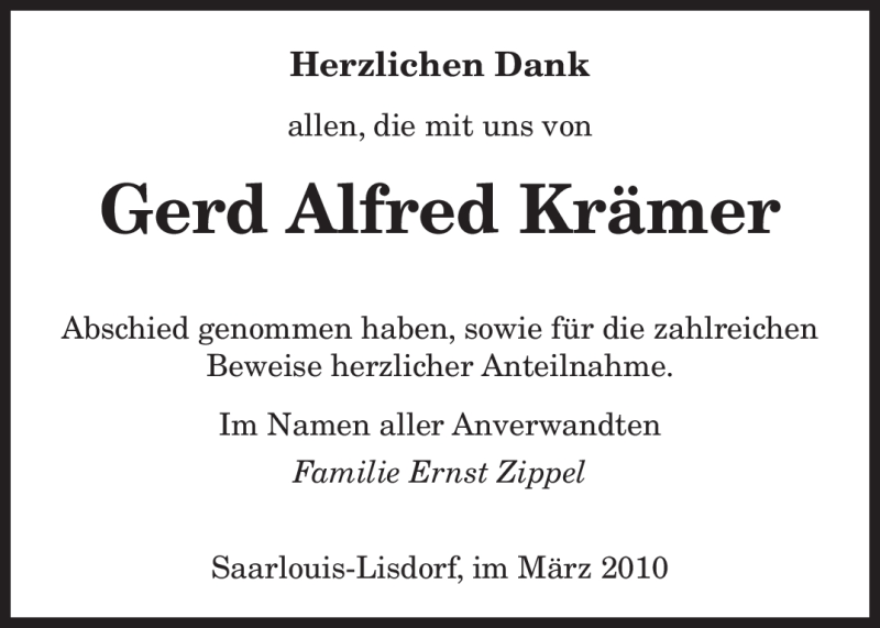  Traueranzeige für Gerd Alfred Krämer vom 13.03.2010 aus SAARBRÜCKER ZEITUNG