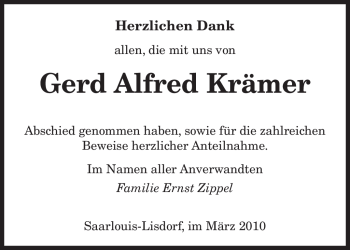 Traueranzeige von Gerd Alfred Krämer von SAARBRÜCKER ZEITUNG