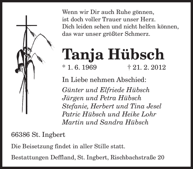  Traueranzeige für Tanja Hübsch vom 25.02.2012 aus SAARBRÜCKER ZEITUNG