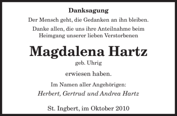 Traueranzeige von Magdalena Hartz von SAARBRÜCKER ZEITUNG