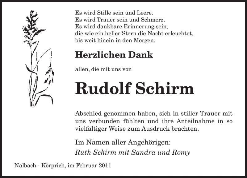  Traueranzeige für Rudolf Schirm vom 09.02.2011 aus SAARBRÜCKER ZEITUNG