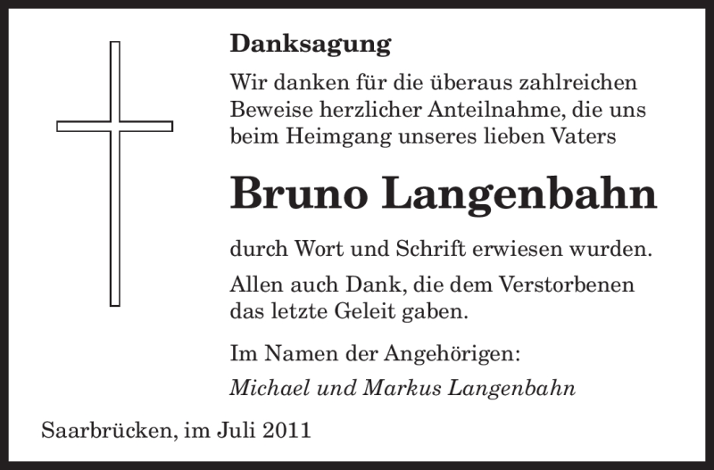  Traueranzeige für Bruno Langenbahn vom 02.07.2011 aus SAARBRÜCKER ZEITUNG