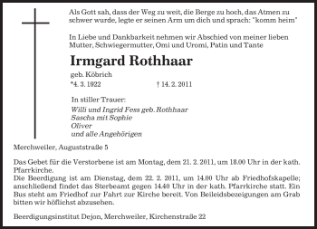 Traueranzeige von Irmgard Rothhaar von SAARBRÜCKER ZEITUNG