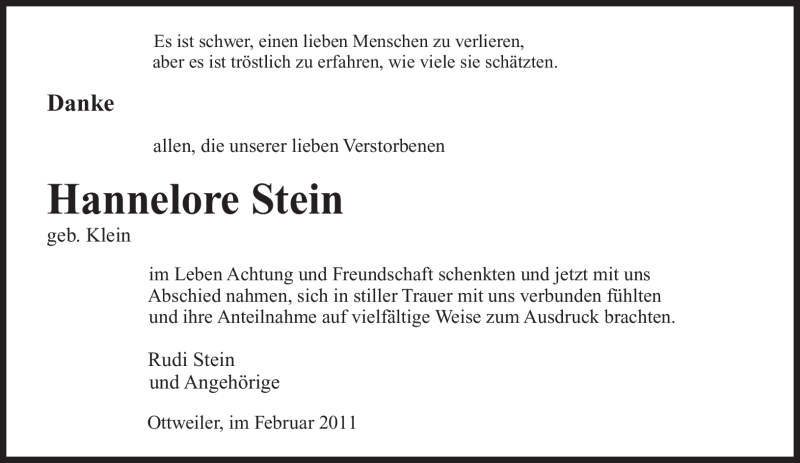  Traueranzeige für Hannelore Stein vom 12.02.2011 aus SAARBRÜCKER ZEITUNG