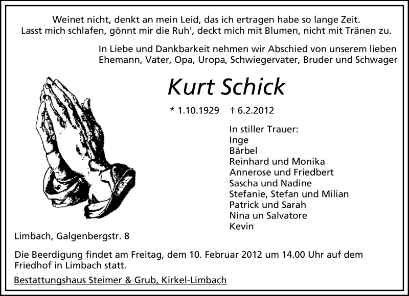  Traueranzeige für Kurt Schick vom 08.02.2012 aus SAARBRÜCKER ZEITUNG