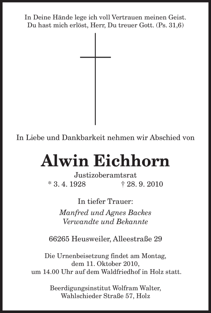  Traueranzeige für Alwin Eichhorn vom 06.10.2010 aus SAARBRÜCKER ZEITUNG