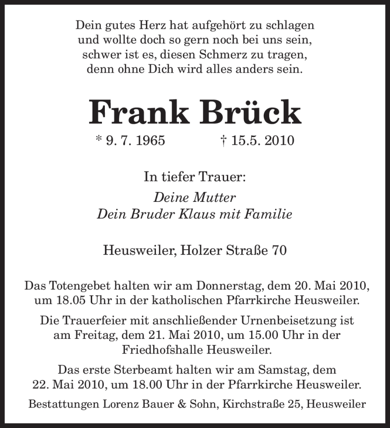  Traueranzeige für Frank Brück vom 18.05.2010 aus SAARBRÜCKER ZEITUNG