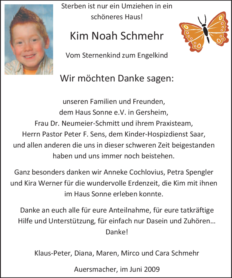  Traueranzeige für Kim Noah Schmehr vom 20.06.2009 aus SAARBRÜCKER ZEITUNG