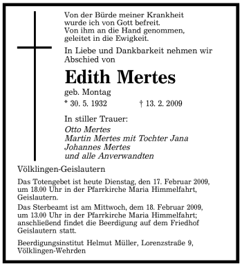 Traueranzeige von Edith Mertes von SAARBRÜCKER ZEITUNG