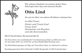 Traueranzeige von Otto Lind von SAARBRÜCKER ZEITUNG