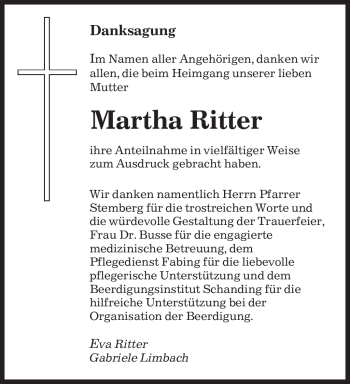 Traueranzeige von Martha Ritter von SAARBRÜCKER ZEITUNG