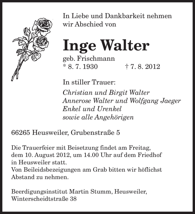  Traueranzeige für Inge Walter vom 09.08.2012 aus SAARBRÜCKER ZEITUNG
