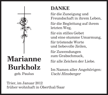 Traueranzeige von Marianne Burkholz von SAARBRÜCKER ZEITUNG